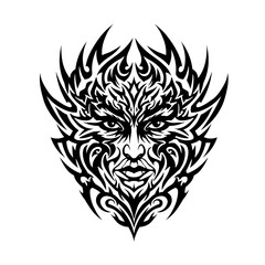 Fototapeta premium Face intertwined with floral elements in bold tribal design, intricate sharp flowing black lines and interconnected patterns on white background, symbolic and artistic illustration