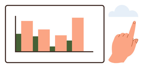 Bar chart with varied heights in pink and green, showing data trends on board. Hand pointing towards blue cloud. Ideal for analytics, data growth, business, planning, progress, education trend