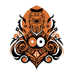 Fototapeta premium Terracotta Warrior abstract vector illustration with flowing yin-yang shapes, symmetrical tribal layout, limited black, white, and terracotta orange palette, clean design