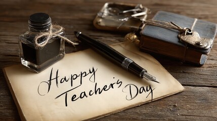 Fototapeta premium Vintage fountain pen and ink bottle conveying happy teacher s day message