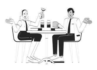 Diverse colleagues lunch break together doodle lineart illustration. Canteen workplace lunchbreak breaktime. Team bonding 2D line ink characters isolated on white. Monochrome vector outline hand-drawn