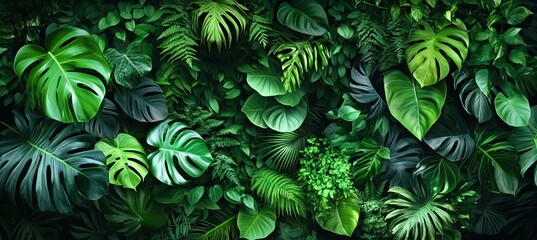 Fototapeta premium Lush Green Tropical Jungle Background with Abundant Frond Plant Leaves and Scenic Foliage Details