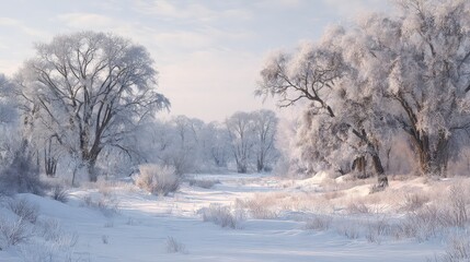 Serene winter landscape with frost covered trees and soft morning light