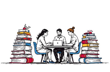 Group of students studying together surrounded by tall stacks of books on white background.
