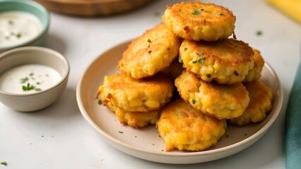 Golden-brown potato patties stacked on a plate, garnished with herbs, served with a side of creamy white dip.