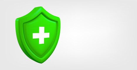 Green shield with plus sign isolated on grey background. 3d vector banner with copy space