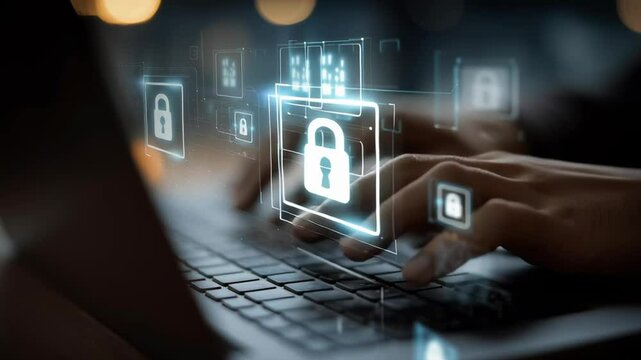 A person is typing on a laptop with a security lock icon on the screen. Concept of protecting sensitive information and the importance of cybersecurity