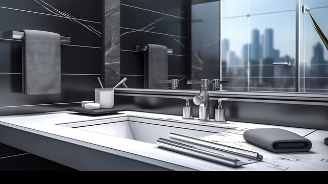 Modern bathroom rendering on tablet set on top of architectural blueprints on a matte black desk, mechanical pencil with eraser tip and sleek drawing compass aligned parallel . - Powered by Adobe
