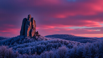 Majestic Winter Sunrise: Frozen Forest, Rock Formation, Dramatic Sky - Ideal for calendars, travel brochures, and nature documentaries.