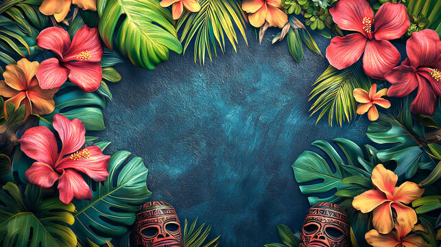 Luau Personalize, fill in the Blank, Tiki design Template Illustration and backgrounds for party and celebration printed invitations, posters, flyers, tropical, flowers, Hawaii, paradise, vacation