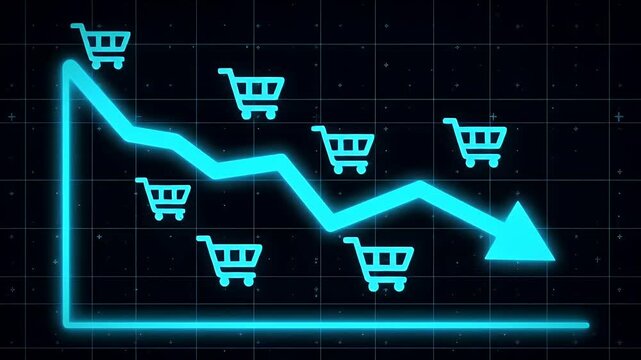 Illustration of a Downward Sloping Neon Blue Recession Line with Shopping Carts on Dark Background
