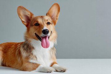 Welsh corgi pembroke dog lying down and panting on white surface