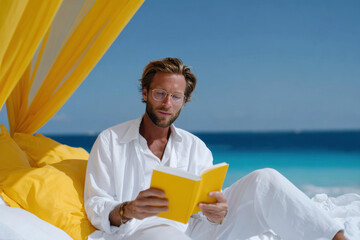 Relaxed man reading on a sunny beach day