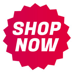 Shop Now,Starbursts zigzag star shape sales badge icon in red color, Shopping label concept for sales tags. Colorful flat design for app ads web button ui ux elements isolated on white background