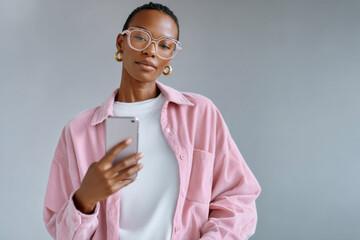 Young woman using smartphone wearing pink shirt and glasses