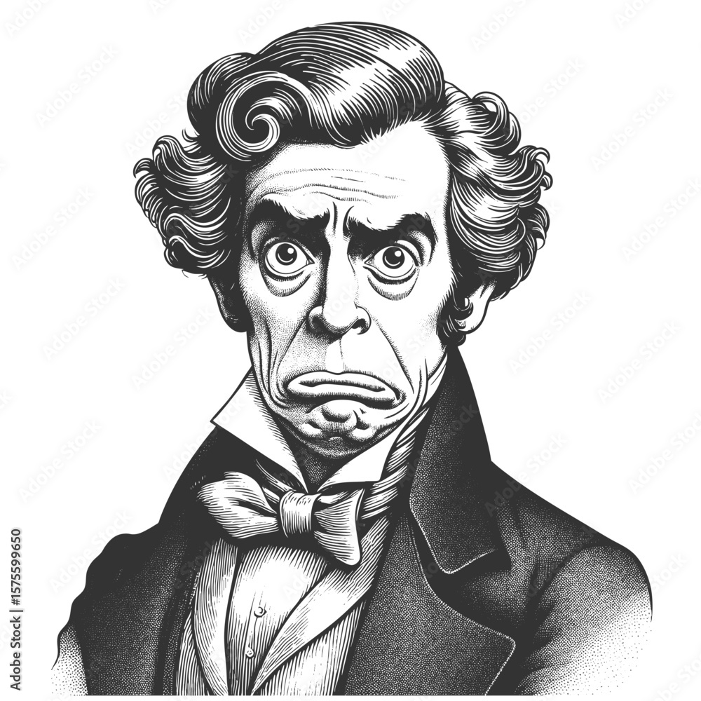 Poster grumpy-looking victorian man in a suit and bow tie with exaggerated frown sketch engraving generativ