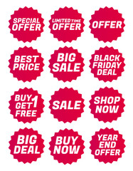 Round starbursts zigzag shape sales badge icon set in red color, Shopping label concept for sales tags. Colorful flat design for app ads web button ui ux elements isolated on white background