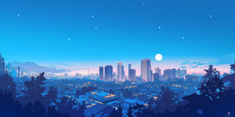 Obraz premium 80年代90年代レトロポップな世界観に包まれた高層ビルの夜景イラスト シティポップ風の都会の光 懐かしくも新しい幻想的な都市風景 ネオン 夜 音楽に似合う景色素材