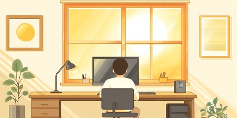 Person Working at Desk in Bright Home Office with Sunlight Streaming Through Large Window