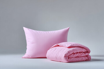 Pink pillow and folded blanket resting on a seamless background