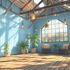 Fototapeta premium Serene Rustic Room Sunlight Plants Wooden Floor