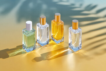 Perfume bottles casting shadows on a yellow surface
