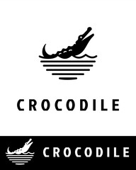 A minimalist crocodile logo design featuring a stylized crocodile emerging from water