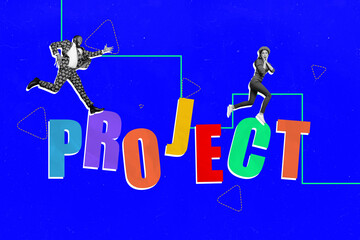 Image full pop trend collage of happy businesswoman businessman partners run project letters aim achievement progress startup
