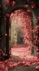 Arched Entrance Adorned with Flowers Leading to Stone Pathway