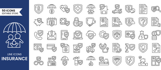 Insurance and risk protection line editable icon set. Contain icons related to Insurance, protection, care, safety, assurance, and more and more. Vector illustration
