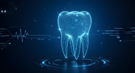 Holographic Tooth Glowing Dentistry Logo: Futuristic Dental Technology on Blue Sci-Fi Background