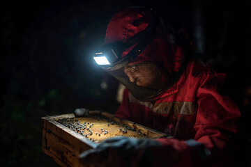 Close-up night scene of person wearing red headlamp inspecting honeycomb frame from beehive, subtle glow on suit and bees