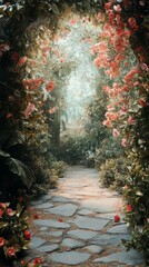 Walking on Stone Path Through Flower Covered Garden Tunnel