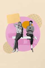 Image 3d poster artwork collage of happy girl guy stand bubble communication chatterbox speech...