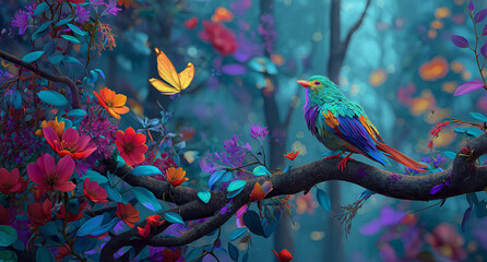 Fototapeta premium Colorful birds sitting on tree branches in a forest with flowers