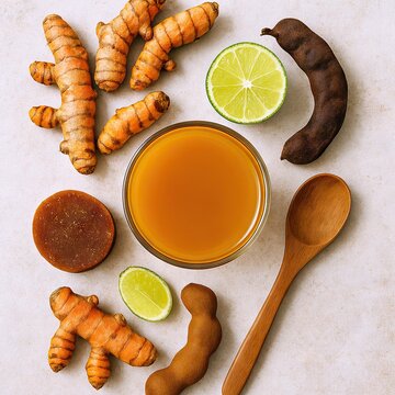 Detox jamu kunyit asam flatlay with turmeric & tamarind