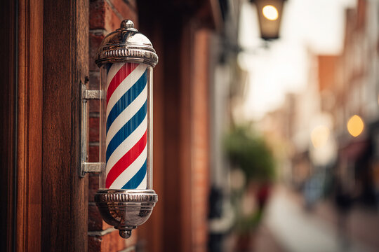 Daytime close-up of classic red-white-blue barber pole spinning outside historic red-brick building, warm light and vintage textures