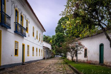 Peaceful Cobblestone Street Surrounded by Colonial Buildings in Paraty, Brazil