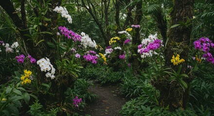 Orchid-filled forest path. Lush greenery surrounds a pathway lined with colorful orchids