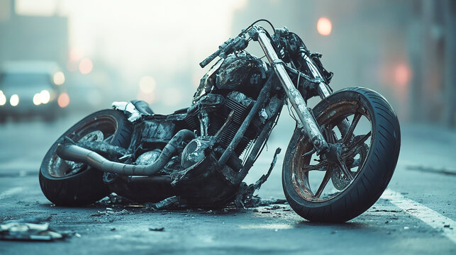 Motorcycle crash accident on urban street, broken bike after collision. Traffic safety hazard, damaged motorbike on asphalt road. Injury insurance claim, vehicle repair service concept for blog post