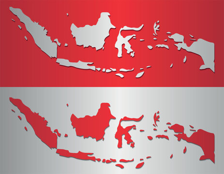 Stylized illustration of the Indonesian map with a flat design and shadow effect. Features the colors red and white, representing the national flag. Perfect for travel, geographic and patriotic themes