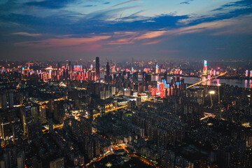 Fototapeta premium Night aerial view of Wuhan city, China
