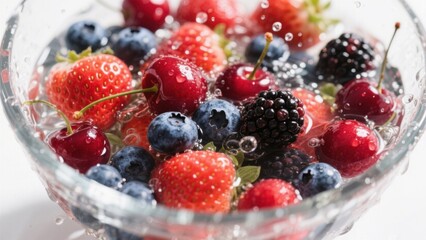 In a transparent glass bowl, various berries are soaked in water, with bright colors, presenting a fresh and attractive state.