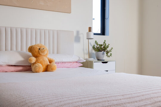 Plush golden-brown teddy bear sitting on bed with knit coverlet near lamp and succulent