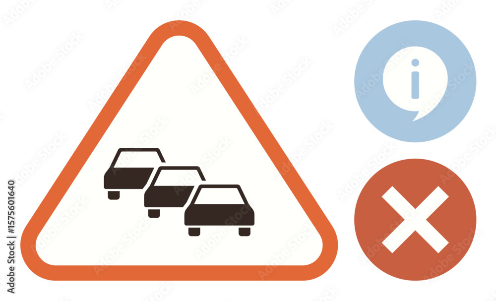 Poster red triangle warning showing car queue for traffic congestion, paired with information circle and pr
