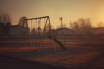 Fototapeta premium Still shot of empty neighborhood playground at golden hour, long shadows cast by swing set and slide, warm colors