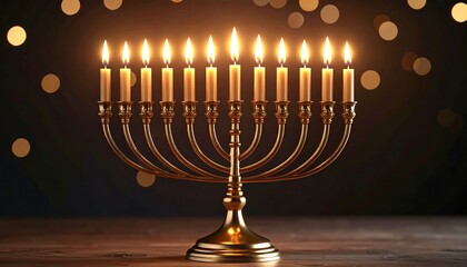 Fototapeta premium Gold menorah with lit candles on a dark wooden surface