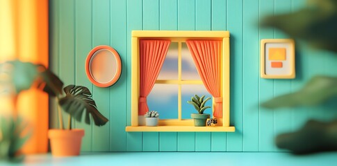 Colorful Interior Room Scene with Window Red Curtains Green Plants and Wall Decorations