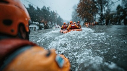 Flood rescue operation in action with emergency responders helping people during natural disaster and extreme weather