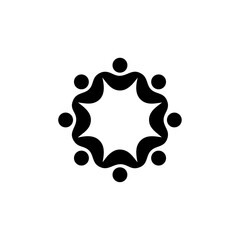 Simple circular icon of abstract people joined by arrows, representing unity, cooperation, diversity, or inclusive teamwork.
